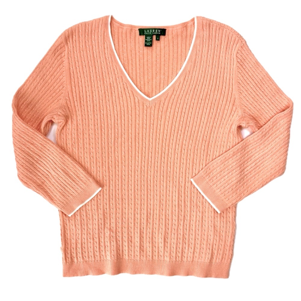 Lauren Ralph Lauren Cable Knit‎ Peach Cotton 3/4 Sleeve Preppy V-neck Sweater SM
